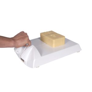 Handee cheese wire cutter cutting a piece of Emmental cheese