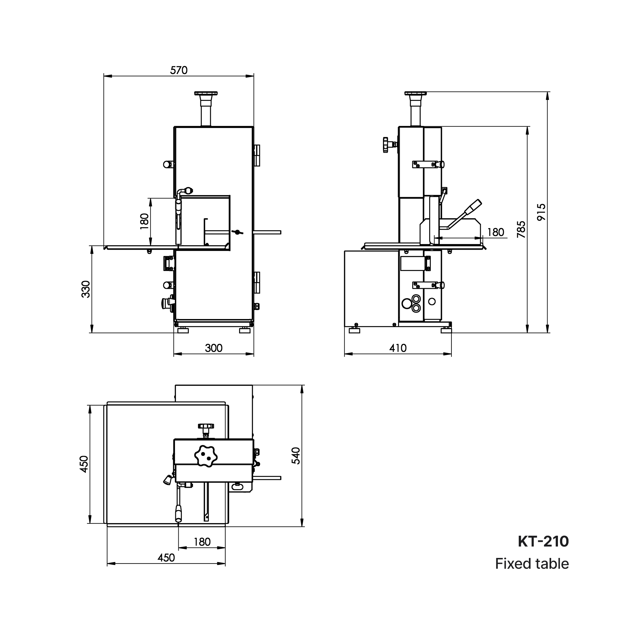Dimensions for the KT-210 band saw with the standard fixed table