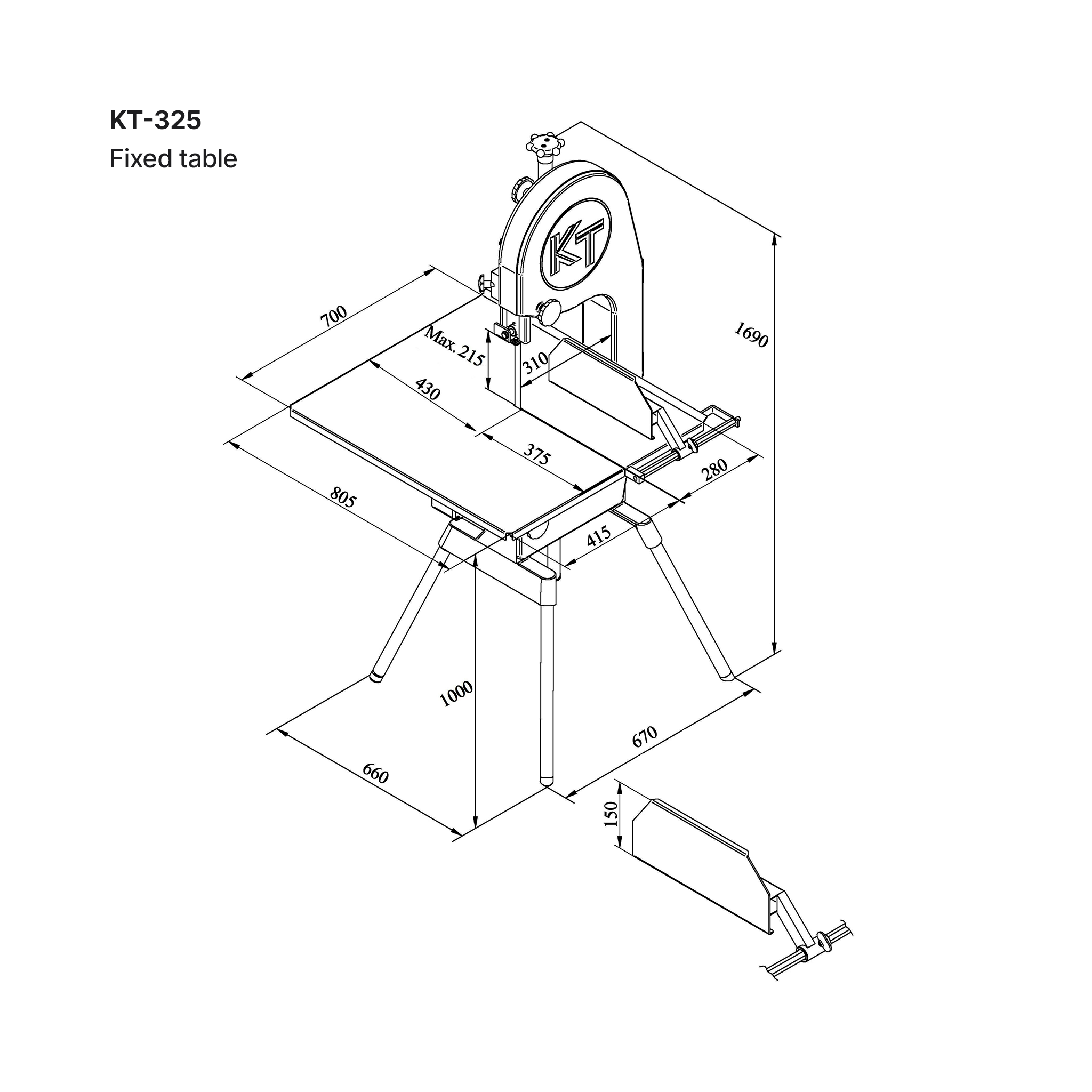 Dimensions for the KT-400 band saw with a fixed table