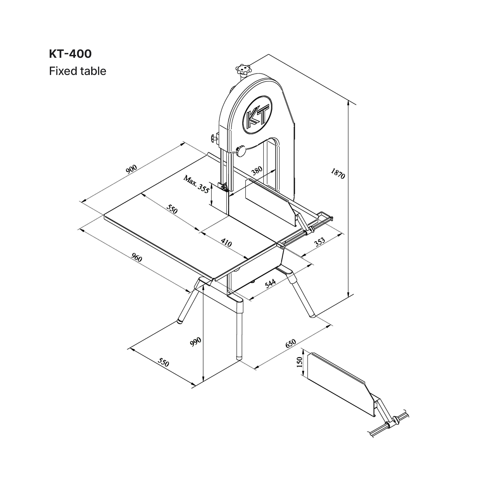 Dimensions for the KT-400 band saw with a fixed table