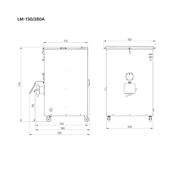 Dimensions for the LM-130/280A mixer grinder